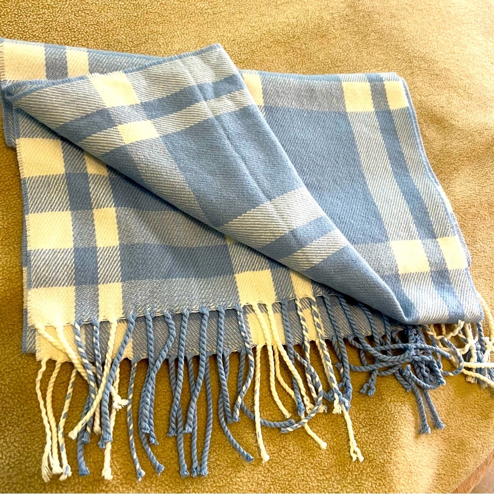 Periwinkle blue plaid fringe scarf